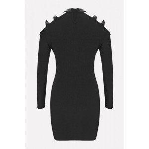 Black Rivet Decor Strappy Long Sleeve Sexy Bodycon Sweater Dress