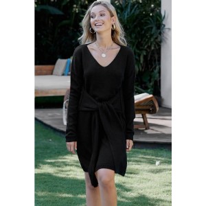 Black Tied V Neck Long Sleeve Casual Sweater Dress
