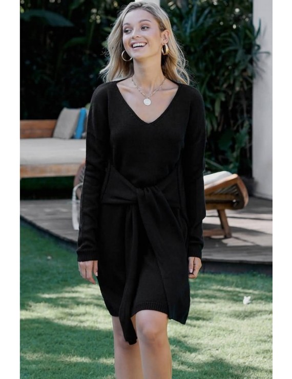 Black Tied V Neck Long Sleeve Casual Sweater Dress