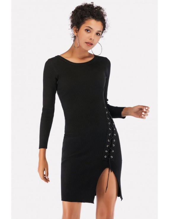 Black Lace Up Slit Long Sleeve Sexy Bodycon Sweater Dress