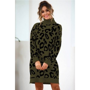 Army-green Leopard Turtle Neck Long Sleeve Casual Sweater Dress