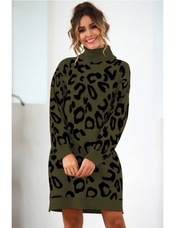 Army-green Leopard Turtle Neck Long Sleeve Casual Sweater Dress