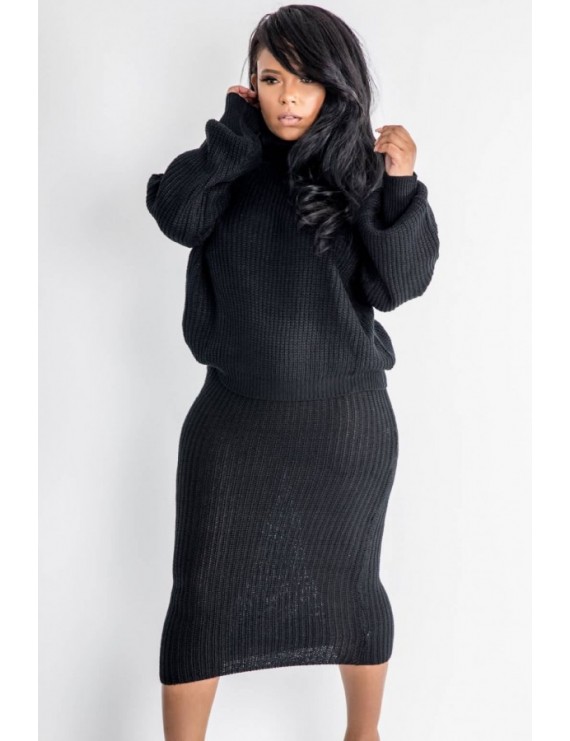 Black Turtle Neck Long Sleeve Casual Sweater Skirt Set