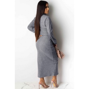 Gray High Collar Slit Long Sleeve Casual Crop Top Skirts Set