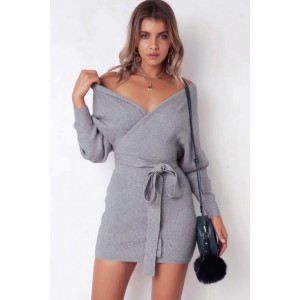 Gray V Neck Wrap Tied Long Sleeve Sexy Mini Sweater Dress