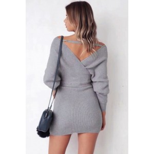 Gray V Neck Wrap Tied Long Sleeve Sexy Mini Sweater Dress