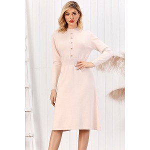 Light-pink Button Decor Mock Neck Long Sleeve Chic Sweater Dress