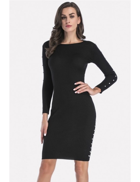 Black Studded Long Sleeve Casual Bodycon Sweater Dress