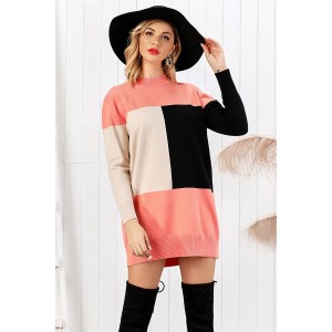 Pink Color Block Crew Neck Long Sleeve Casual Sweater Dress