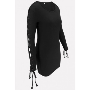 Black Lace Up Long Sleeve Sexy Bodycon Sweater Dress
