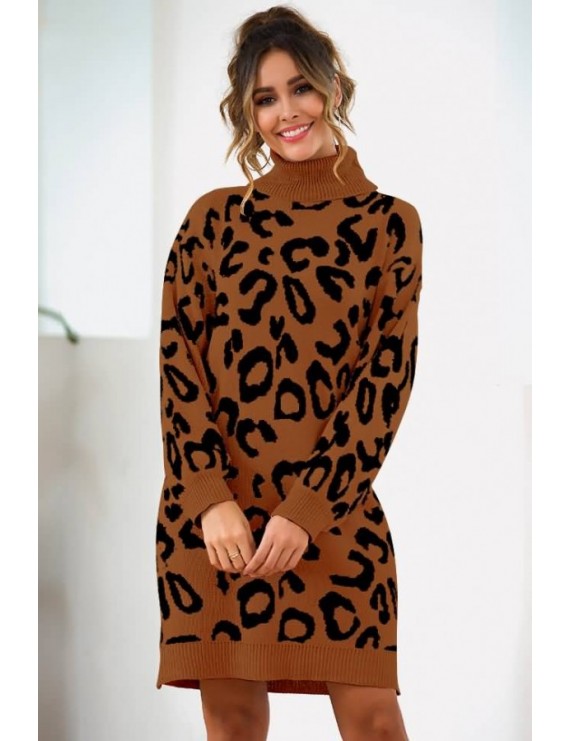 Coffee Leopard Turtle Neck Long Sleeve Casual Sweater Dress