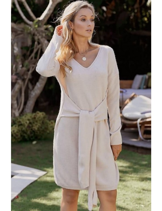 Apricot Tied V Neck Long Sleeve Casual Sweater Dress