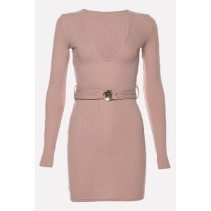 Belt Plunging Long Sleeve Sexy Bodycon Sweater Dress