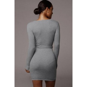 Belt Plunging Long Sleeve Sexy Bodycon Sweater Dress