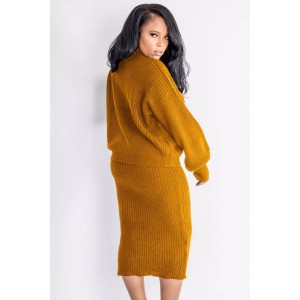 Orange Turtle Neck Long Sleeve Casual Sweater Skirt Set