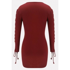 Dark-red Lace Up Long Sleeve Sexy Bodycon Sweater Dress