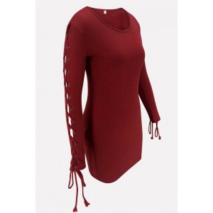 Dark-red Lace Up Long Sleeve Sexy Bodycon Sweater Dress