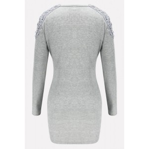 Gray Crochet Splicing Long Sleeve Sexy Bodycon Sweater Dress