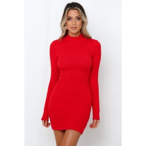 Red Cutout Back Mock Neck Long Sleeve Chic Sweater Dress