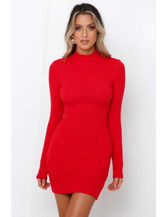 Red Cutout Back Mock Neck Long Sleeve Chic Sweater Dress