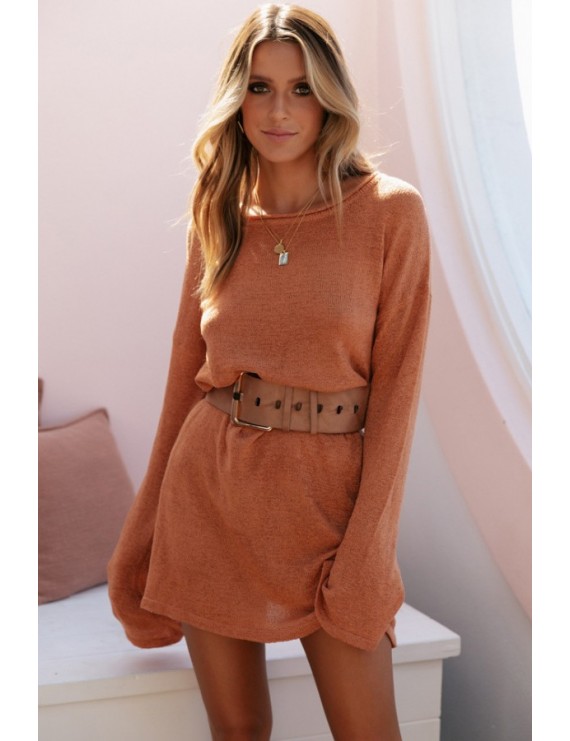 Orange Round Neck Long Sleeve Casual Sweater Dress