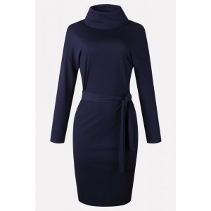 Dark-blue Tied High Collar Long Sleeve Casual Sweater Dress