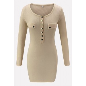 Khaki Press Button Long Sleeve Sexy Bodycon Sweater Dress