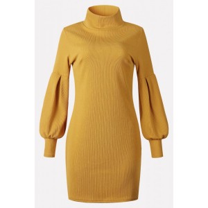 Yellow Turtle Neck Puff Sleeve Casual Sweater Dress