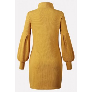 Yellow Turtle Neck Puff Sleeve Casual Sweater Dress