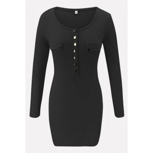 Black Press Button Long Sleeve Sexy Bodycon Sweater Dress