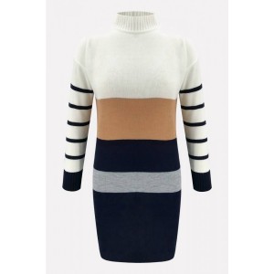 White Color Block Long Sleeve Casual Sweater Dress