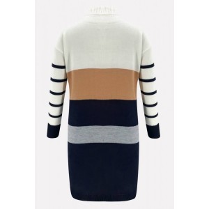 White Color Block Long Sleeve Casual Sweater Dress