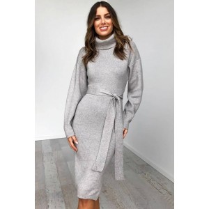 Light-gray Tied High Collar Long Sleeve Casual Sweater Dress