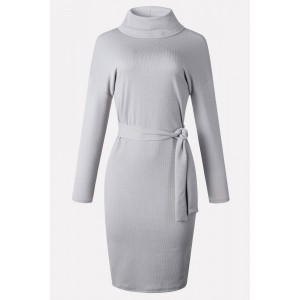 Light-gray Tied High Collar Long Sleeve Casual Sweater Dress