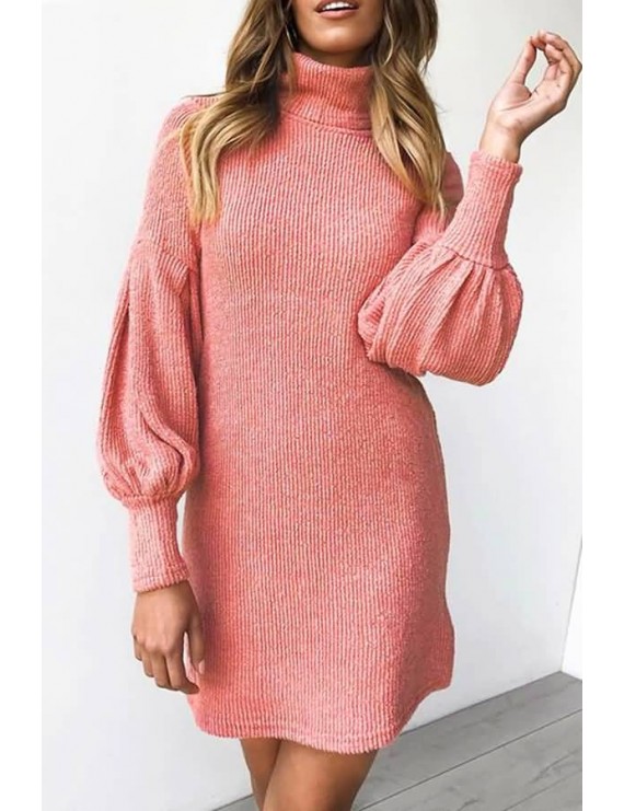 Pink Turtle Neck Puff Sleeve Casual Sweater Dress