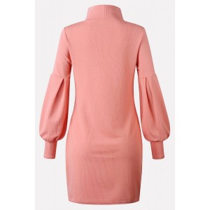 Pink Turtle Neck Puff Sleeve Casual Sweater Dress