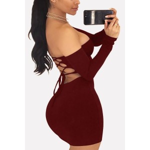 Dark-red Off Shoulder Long Sleeve Backless Lace Up Sexy Mini Dress