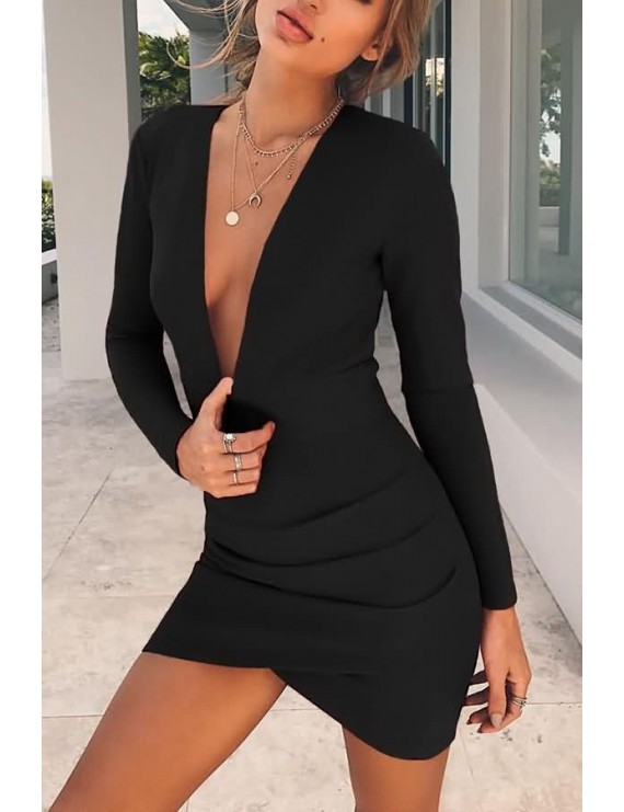 Black Long Sleeve Plunging Backless Sexy Bodycon Tulip Dress