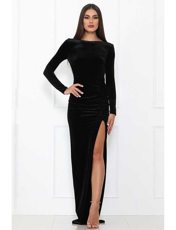 Black Velour Ruched Hight Slit Long Sleeve Backless Sexy Maxi Dress