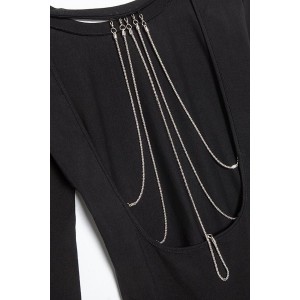 Black Long Sleeve Chains Decor Open Back Sexy Bodycon Dress
