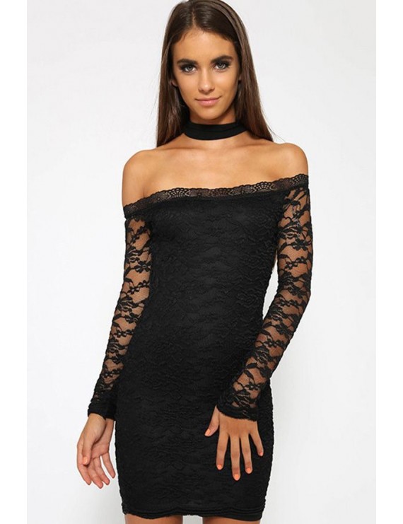 Black Choker Lace Long Sleeve Zipper Back Sexy Bodycon Party Dress