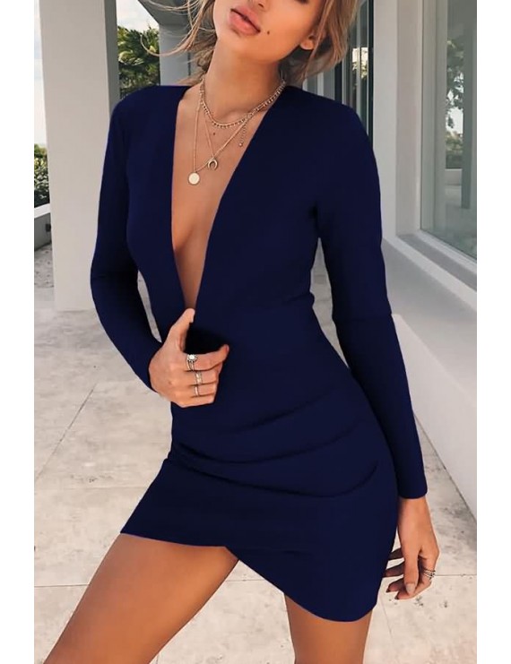 Dark-blue Long Sleeve Plunging Backless Sexy Bodycon Tulip Dress