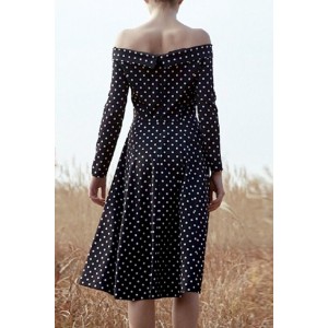 Black Polka Dot Tied Off Shoulder Long Sleeve Sexy Dress