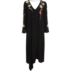 Black Floral Embroidery Long Sleeve V Neck Cutout Casual Shift Dress