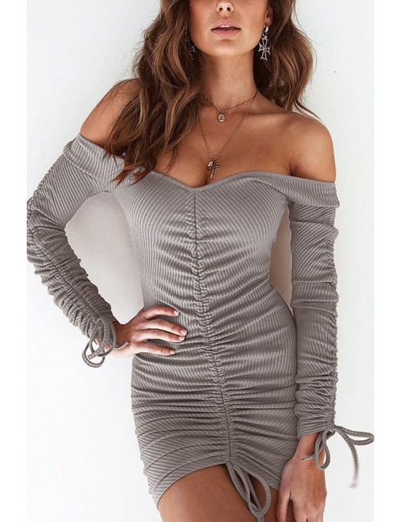 Gray Ribbed Off Shoulder Ruched Long Sleeve Sexy Bodycon Dress