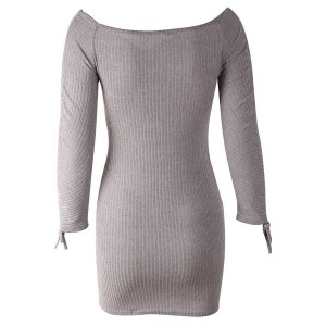 Gray Ribbed Off Shoulder Ruched Long Sleeve Sexy Bodycon Dress