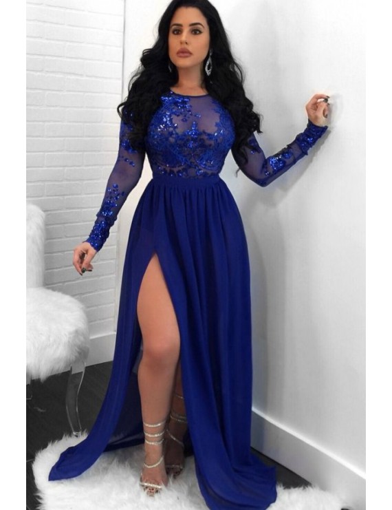 Dark Blue Sparkle Sequined Mesh Open Back Slit Long Sleeve Sexy Maxi Party Dress