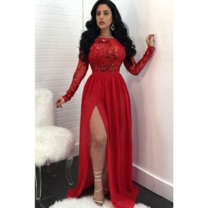 Red Sparkle Sequined Mesh Open Back Slit Long Sleeve Sexy Maxi Party Dress
