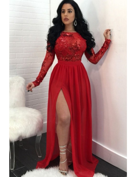 Red Sparkle Sequined Mesh Open Back Slit Long Sleeve Sexy Maxi Party Dress