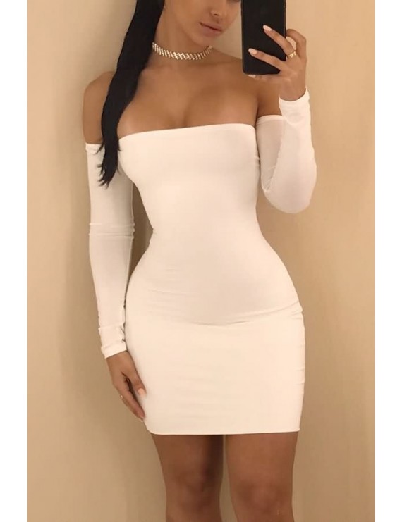 White Off Shoulder Long Sleeve Backless Lace Up Sexy Mini Dress